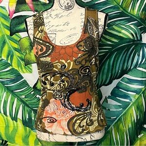 Y2K Alberto Makali L Slim Spring Brown Green Beaded Abstract Knit Sleeveless Top